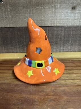 Halloween Orange Witch Hat Candle Holder /Tea Light Holder Votive 5.5” In Box